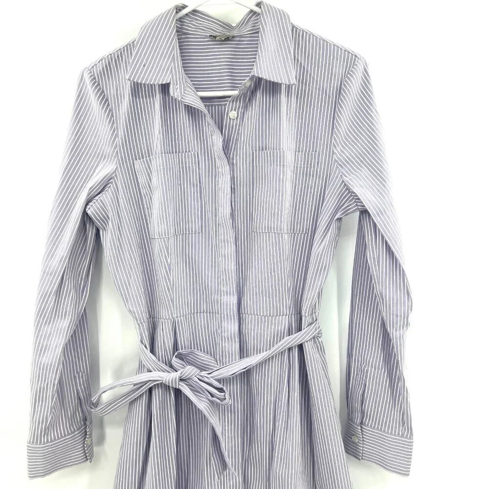 Cremieux Purple White Striped Midi Shirt Dress Women's Size 10